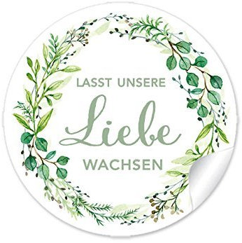 72 Sticker Lasst unsere Liebe wachsen GRÜN mit Zweigen, Für Gastgeschenke zur Hochzeit für kleine Samentüten, blumige und niedliche Blumentöpfe,Reagenzgläser, Papieraufkleber 4 cm, rund, matt