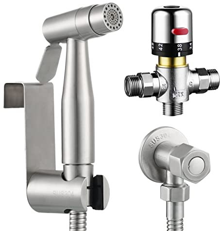 Tecmolog Bidet Handbrause Edelstahl Bidet Duschkopf Set 2 Strahlart Bidet Sprayer mit 1.2m Edelstahl Schlauch, Thermostat Ventil, Duschkopfhalter und Eckventil, WS024AF1A