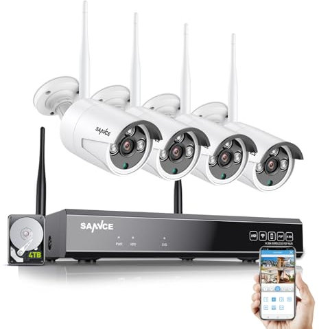 SANNCE WLAN Überwachungskamera Set mit Audioaufnehmen,5MP 10CH Überwachungskamera NVR + 4x3MP Kabellose Outdoor mit 4TB Festplatte, AI Human Detection, IP66 Wasserdicht