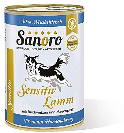Sanoro Menü Sensitiv Lamm. Premium Hundefutter in Teil-Bio-Qualität. Muskelfleisch vom Lamm mit Bio-Buchweizen und Bio-Magerquark. Purinreduziert. Futter bei Leishmaniose. Singleprotein (12 x 400 g).