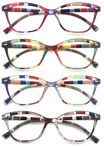 HEEYYOK Un Paquet de 4 Lunettes de Lecture pour Homme et Femme,Lunettes Loupe Leger Durable,Branches a Ressort Confortable,De Couleurs melangees