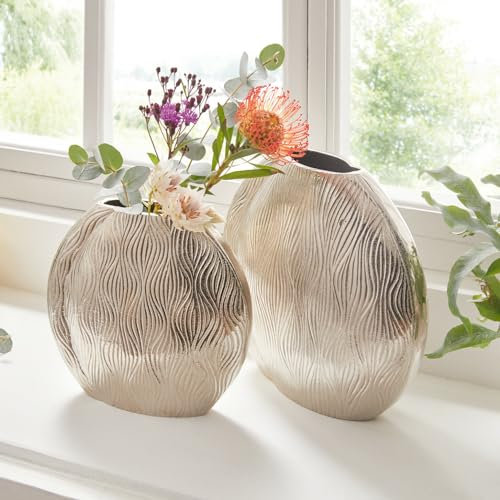 Dekoleidenschaft 2X Vase Waves aus Aluminium, Silber, 21 & 25 cm, Tischvase, Blumenvase, Vasenset