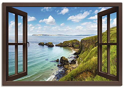 ARTLAND Wanddeko Leinwand Bilder Wandbild 100x70 cm Querformat Fensterblick Landschaft Strand Meer Küste Natur Felsen U1TW