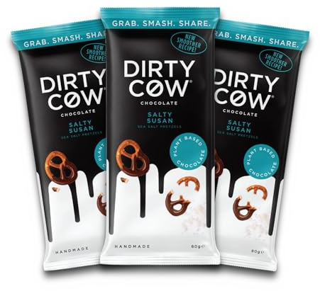 Dirty Cow Salty Susan, 3 Vegan Chocolate Bars (3 x 80g) | Real Pretzels & Sea Salt | Dairy-Free, Plant-Based | Award-Winning British Chocolate