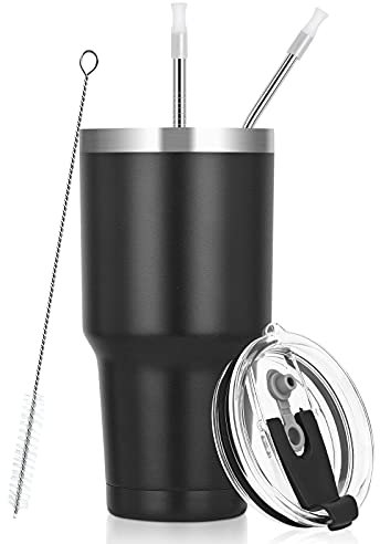 Lifecapido 850 ml Edelstahlbecher, isolierter Kaffeebecher, doppelwandig, vakuumisolierter Reisebecher mit Deckel und Strohhalm, pulverbeschichteter Reisebecher für heiße oder kalte Getränke, schwarz