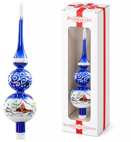 Polish Gallery Weihnachtsbaumspitze Spitz Glas geblasen, handdekorierte weiße Verzierungen (30,5 cm, Blau glänzend)