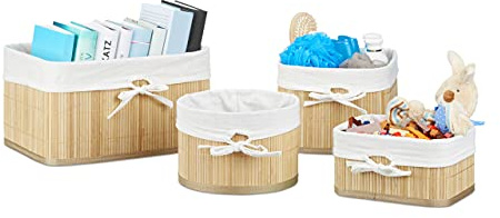 Relaxdays Aufbewahrungskörbe Bambus, 4er Set, Aufbewahrungsbox für Regal und Schrank, Regalkorb, 4 Größen, Natur