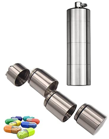 Pillendose Schlüsselanhänger Titan, 3 Fächer Metall Wasserdicht Outdoor Tablettenbox EDC Notfall Pillenbox, BPA Frei Reise Tragbar Pillenbehälter, Tablettendose für Unterwegs, Medizin Flasche