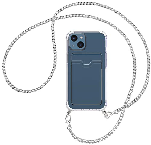 mtb more energy® Umhänge-Hülle mit Kartenfach kompatibel mit iPhone 14 - Metallkette (Silber) - Einschub für Personalausweis etc - Handykette mit Anti Shock Case