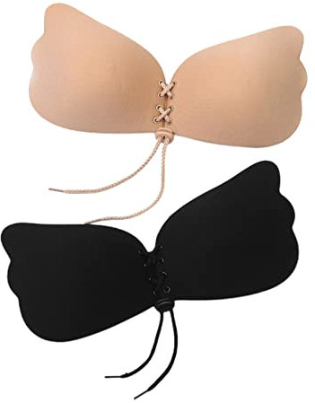 MIVAIUN 2 Pack Push Up Invisible Bra with Drawstring, Strapless Bras for Women, Adhesive Bra, B Cup, Beige and Black, Reusable Backless Bra, Comfortable and Breathable, for Party, Wedding (B Cup)