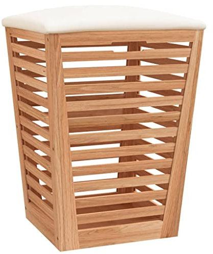 vidaXL Tabouret de Salle de Bain, Siège avec Coussin, Panier à Linge avec Couvercle, Coffre à Linge avec Rangement Toilette, Marron 40,5x40,5x56 cm Bois Massif de Noyer