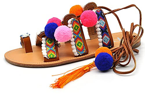 IF Fashion Scarpe Sandali Bassi Stringati Schiava Estivi da Donna Con Pom Pom Colorati IF1317 camel N.38