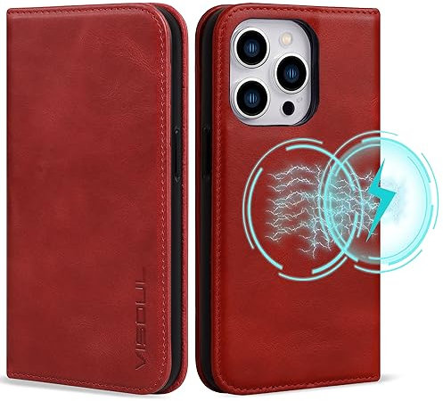 VISOUL Hülle für iPhone 15 Pro,Echt Leder Schutzhülle Schützt Kartenfach Magnetverschluss Stand klappbar handyhülle Handytasche Etui Case Rot