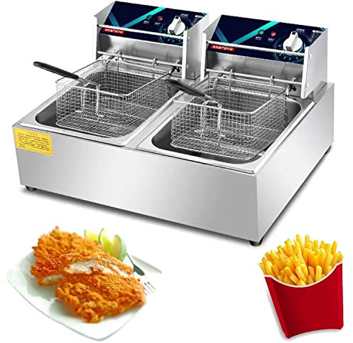 Friteuse électrique 20L Panier de comptoir Friteuse de comptoir en acier inoxydable avec couvercle, réglage de la température réglable et indicateur lumineux avec couvercle argenté, pour comptoir