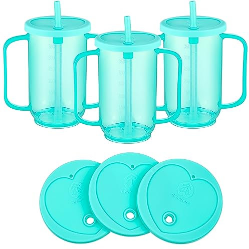 Sliner 3 Pcs Adult Sippy Cups for Elderly, 12 oz Plastic Spill Proof Cups with 2 Handles Straw and Lid for Adults Hospital Disabled Dysphagia Patients (Blue)