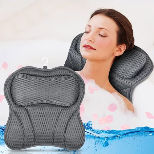 ULTRGEE Almohada de Baño, Almohada para el Cuello con Malla de Aire 4D y Almohada para Bañera con 6 Ventosas para SPA en Casa, Accesorios de Baño Ergonómicos Que Soportan la Cabeza (Gris)