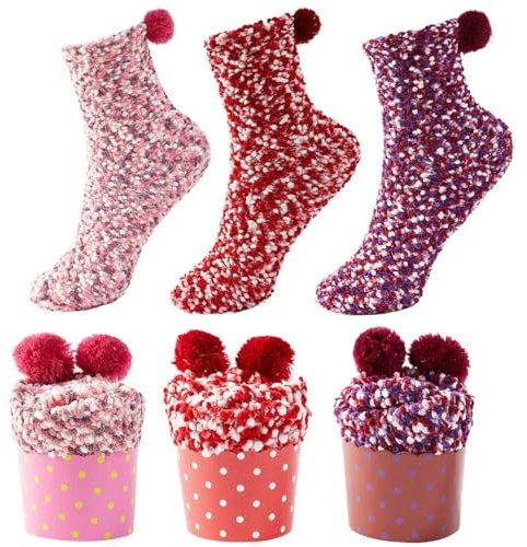 JARSEEN 3Box Kuschelsocken Weiche Bequeme Warme Flauschige Haussocken für Damen Mädchen Weihnachtssocken Valentinstag Geschen (EU 36-42, Rosa,Rot,Lila)