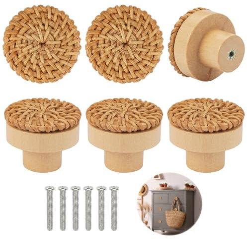 6 Pièces Boutons de Meuble en Rotin Bois, Poignée Meuble Bois, Bouton de Tiroir, Boutons de Portes pour Placards, Boutons de Meuble Rond en Bois, Bouton de Meuble Bois pour Chambre Cuisine Bureau
