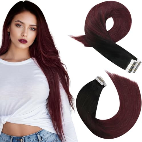 Moresoo Tape Extensions Echthaar Balayage Schwarz bis Burgunder #1B/99J Haarverlängerung Tape Echthaar Extensions 45cm Invisible Tape in Human Hair Extensions 20 Stück 50Gramm