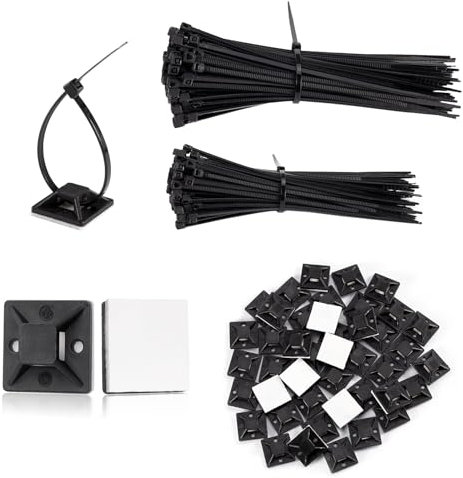 200pcs Attache Cables Noir 120 mm 150 mm avec 150pcs Support Autocollant, Collier de Serrage en Nylon Plastique avec Colle Base Adhésive Serre-câbles pour le Câble Management Jardin Bureau Atelier