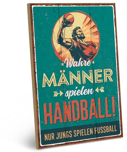 ARTFAVES® Wandbild Holzschild mit Spruch - Wahre Männer spielen Handball - Türschild Retro Vintage Deko Bild Geschenk - Handballer Geschenk