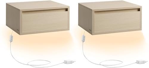 VASAGLE Nachttisch hängend 2er Set, Leuchte mit 3 Farben, schwebendes Wandregal, Schublade, 35 x 40 x 18 cm, modern, Wohnzimmer Schlafzimmer, naturbeige LET854N01