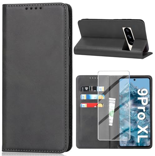 Vaki Handyhülle für Google Pixel 9 Pro XL Mit Displayschutzfolie, PU Lederhülle Wallet Kartenfach Standfunktion Klapphülle Flip Case Cover (Schwarz)