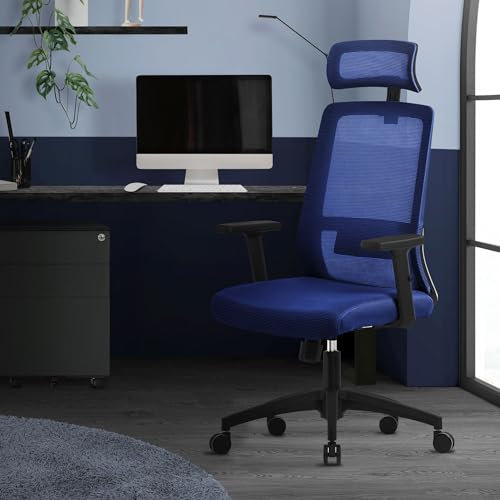 ML-Design Bürostuhl ergonomisch, Navy Blau, Mesh, Schreibtischstuhl mit Verstellbarer Lendenwirbelstütze, Kopfstütze & Armlehnen, Wippfunktion, Gaming Drehstuhl mit Rollen, Computerstuhl Chefsessel