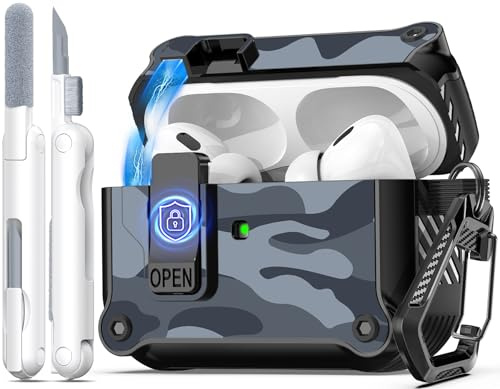 R-fun kompatibel mit AirPods Pro 2 Hülle (Auto Pop-Up-Deckel) mit Reinigungsset, kompatibel mit Airpods Pro 2./1. Gen(2023/2022/2019), für Airpods Pro Hülle (USB-C/Lightning-Kabel),Graue Tarnung