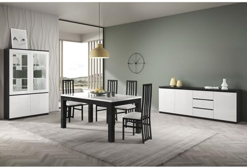 AltoBuy DEYTON - Ensemble Séjour Complet Laqué Noir et Blanc Table 190cm + Buffet + Vitrine avec LEDs