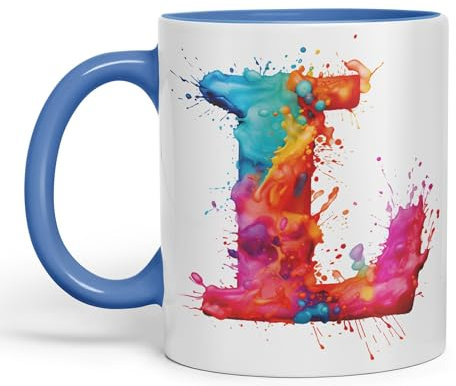 Vixar Letter L Mug, Alphabet Letter L Monogram Watercolour Ceramic Coloured Mug Cup for Tea Coffee Hot Brew 330ml 11Oz Gift (C Blue)