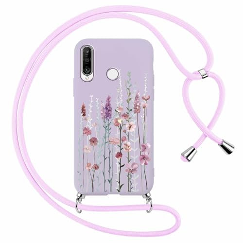 Foonary Handyband Hülle mit Band für P30 Lite 6,15 Handyhülle, Blumen Lavendel Design Kette Necklace Case mit Kordel zum Umhängen Silikon Bumper Schutzhülle Cover Schnur für Huawei P30 Lite