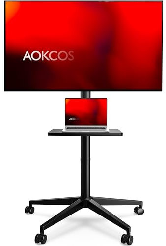 AOKCOS Rollender TV-Ständer – hoher mobiler TV-Ständer für 81,3 - 165 cm (32 - 65 Zoll) LCD-/LED-OLED-Flachbildschirme, höhenverstellbar, tragbarer TV-Ständer auf Rädern mit Neigung, hält bis zu 40