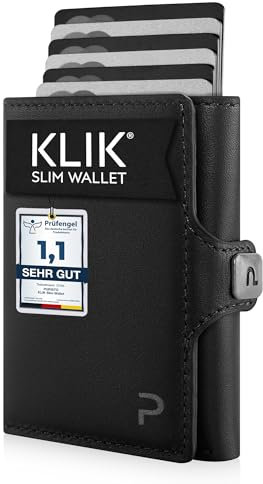 PURISTO KLIK Classic Slim Wallet mit Münzfach - Mini-Geldbörse für Herren aus veganem Leder - Kleines Kartenetui mit RFID-Schutz für 10-14 Karten - Schwarz Vegan