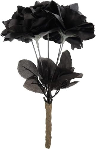 Halloween Decorations Black Flowers Roses Bouquet - Artificial Flowers Realistic Stem - 5 Rose Bouquet for Fancy Dress Gothic Corpse Bride Costume Wedding Party Office Home Decor