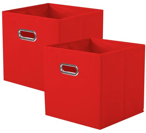 powerking Fabric Storage Box Bins, 2 Pack Foldable Cloth Storage Cube Organizer Drawer with Metal Handle For Closet And Toys Storage,Red