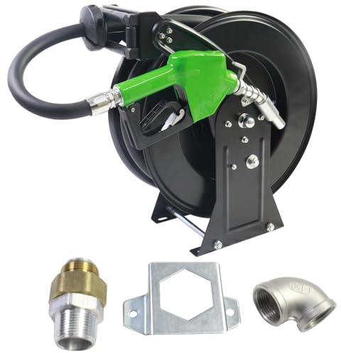CreFiTech Fuel Hose Reel Retractable 3/4''X33ft w/Fuel Nozzle,Fuel Hose Swivel,Diesel Reel, Auto Spring Driven Hose Reel,300 PSI Industrial,Steel Construction Reel, NBR Rubber Hose