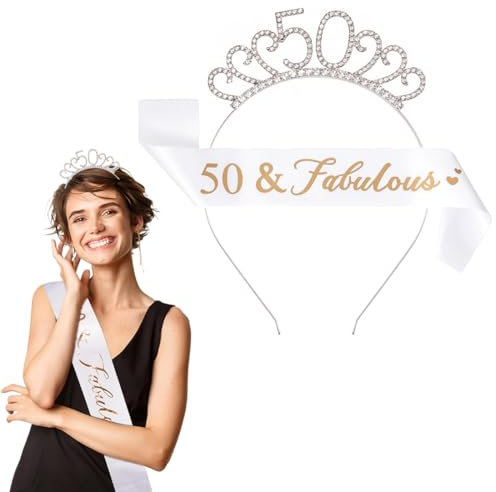 50. Geburtstag Krone Schärpe, 50 Geburtstag Frauen Deko Schärpe und Tiara, 50. Geburtstag Geschenke Krone für Birthday Party, für 50 Geburtstag Deko Geschenk und Frauen Party Accessoires (Weiß)