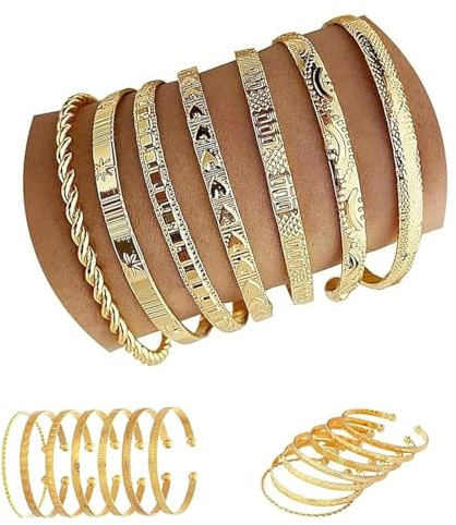 Feegela 7 Stück Gold Armreif Armbänder für Damen, 14k Vergoldet | Multi Layer stapelbar, Manschette Armband Set, Offen Einstellbar, Minimalist texturiert, Boho Schmuck