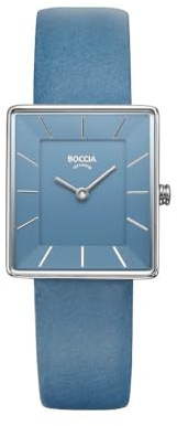 Boccia Titanium Damenuhr 3351-08 Titan 25 mm rechteckig mit blauem Zifferblatt, Quarz Armbanduhr mit Lederarmband blau, ultraflach ca 6,5 mm, wasserdicht 3 bar