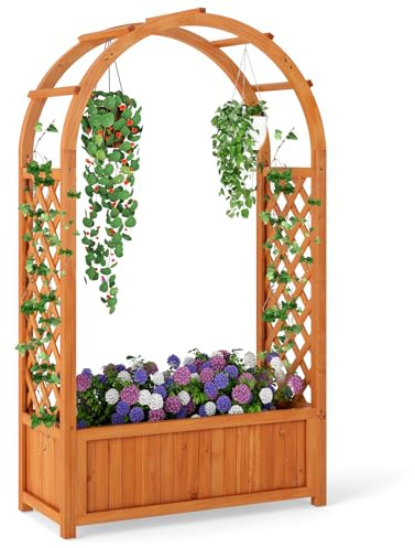 COSTWAY Blumenkasten mit Rankgitter, Hochbeet mit Spalier & Gebogendach, Rosenbogen mit Pflanzkasten & Abflusslöchern, Pflanzkübel für Balkon Hof Garten, Holz, 83 x 36 x 146 cm, Braun