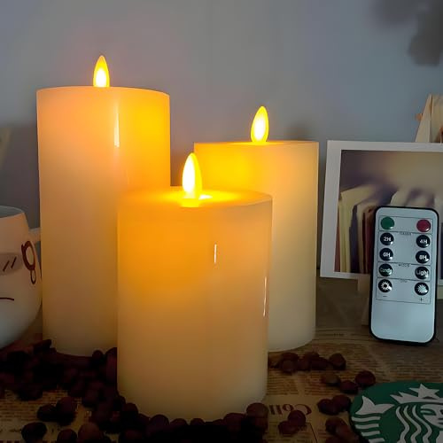 3er Pack Flammenlose LED Kerzen mit Timer Fernbedienung& Wachsöl Effekt 7.5x12/14/16cm Elfenbein Säule Batteriebetriebener Elektrische Kerzen aus Echtem Wachs Batteriebetriebenes flackerndes Elfenbein