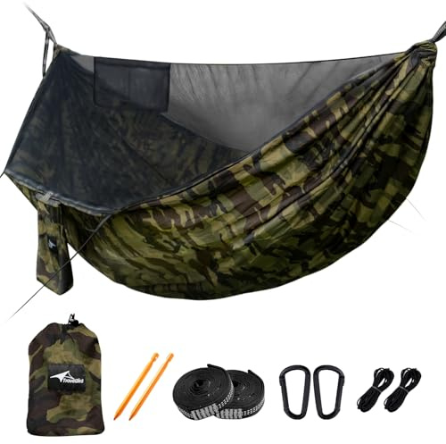 Travel Bird Camping Hängematte mit Moskitonetz und Firstseil, Extra Groß für 2 Personen 290 x 140cm, All-in-One Schnell Offen Ultraleichte Hängematten für Draußen, Wandern, Reisen und Rucksacktour
