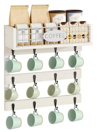 YITAHOME Wall-Mounted Mug Holder with 12 Hooks, Metal Storage Shelf with Guardrail, White Cup Organizer for Kitchen, Dining Room, and Coffee Bar