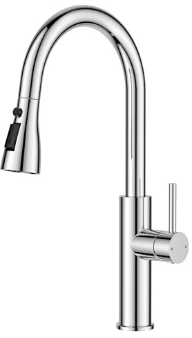 FORIOUS Kitchen Tap, Kitchen Mixer Tap with Pull Out Spray, 2 Spray Modes, 360° Swivel Stainless Steel, Single Handle for Hot and Cold Water, Polished Chrome