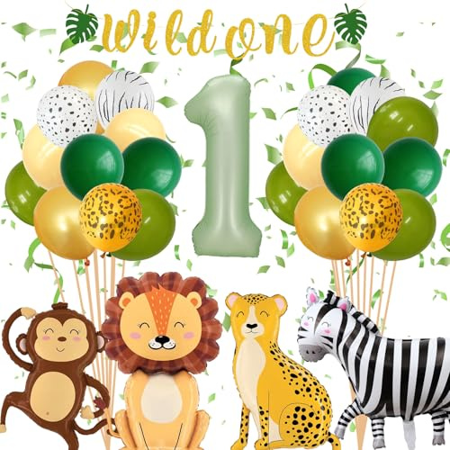 Wild One Decoracion Cumpleaños 1 Año Niña Niño,Globos Cumpleaños 1 Año | Globos Animales de la Selva,Safari para Fiesta Cumpleaños,Globos Jungla Cumpleaños