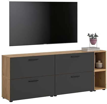 xonox.home – Wohnkombination The One 176x67x34 cm in Artisan Oak und Basalt – Wandelement mit 4 Klappen – 10 Fächer inklusive 2 offener Bereiche optimieren den Platz & bieten EIN modernes Design