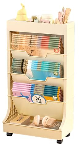 Libreria mobile su ruote, carrello per libri di grande capacità con stoccaggio, organizer da pavimento per spazi ristretti