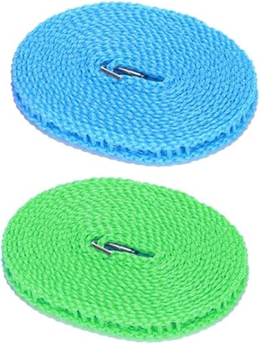 Lot de 2 cordes à linge rétractables - Coupe-vent - 5 m - Portable pour intérieur et extérieur, camping et vacances - Bleu et vert