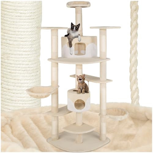 Tectake® Árbol para Gatos - 4 Plataformas, 2 Casetas, Varias Alturas, 2 Nidos Basculantes - Rascador para Gatos Grandes - 201 cm Beige/Blanco